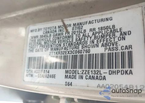 2003 Toyota Matrix Standard из США, поврежденный, VIN 2T1KR32EX3C060760